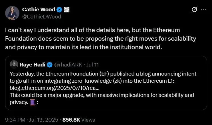 Cathie Wood 力挺以太坊：隐私与扩展性升级引发市场关注