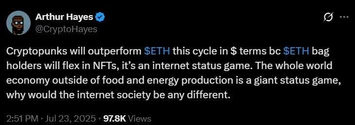 Arthur Hayes 预测：CryptoPunks 美元价值将超越以太坊