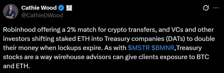Cathie Wood通过合成代理公司间接投资加密货币，规避直接持有风险